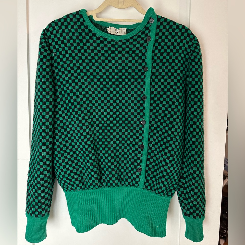 RARE VINTAGE Valentino Garavani Studio Green Black Checkered Knit with Buttons